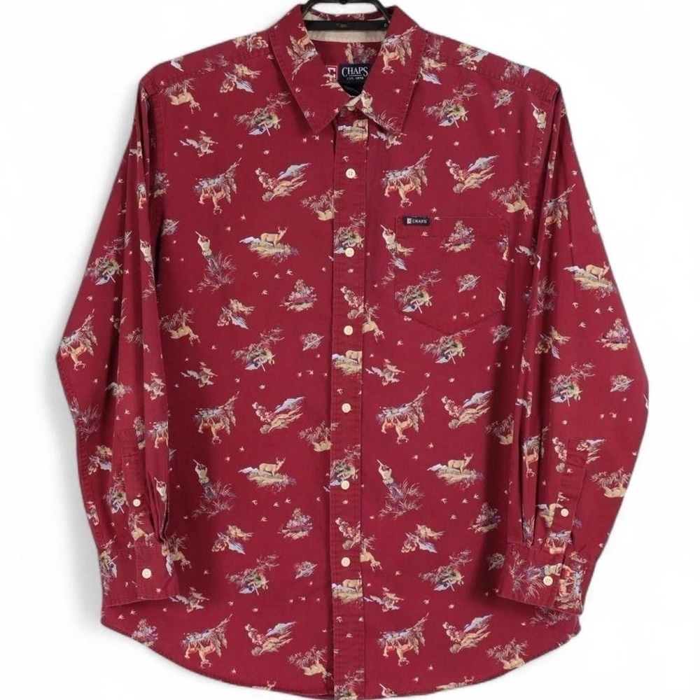 🦌Vintage 1990s Chaps Men’s Burgundy Deer Hunter Pattern | Sz Large |Button Down - Picture 1 of 8